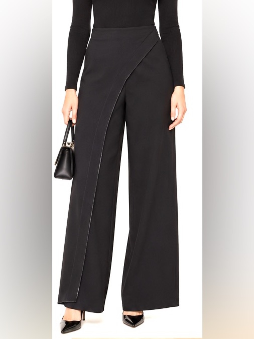 Wide Leg Black Wrap-Front Pants - Women's